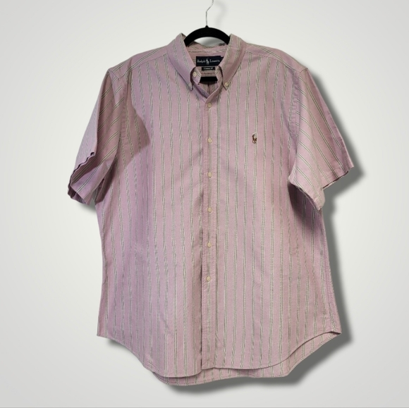 RALPH Lauren Shirt Mens XL Short Sleeves Classic Fit Flesh Pony‎ Striped - Picture 1 of 7